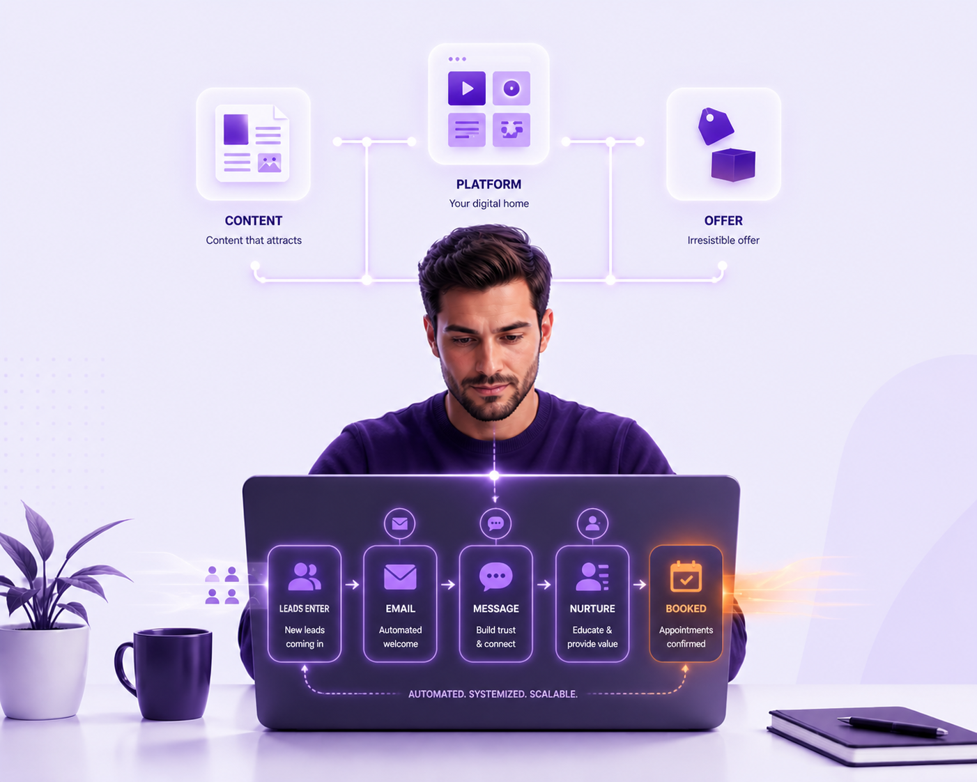Engineered conversion path: leads enter, email, message, nurture, booked
